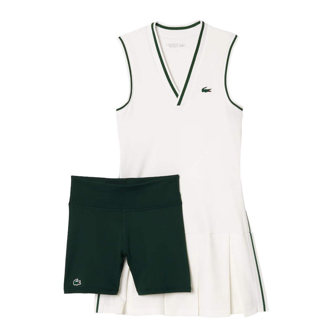 Lacoste Women's Sport Dress, removable piqué shorts, tennis dress, women's tennis apparel, moisture-wicking fabric, breathable mesh panels, versatile sports dress, comfortable tennis wear, women's sportswear, Lacoste dress, Swiss Sports Haus, West Vancouver tennis shop, tennis clothing, stylish tennis outfit, women's activewear.