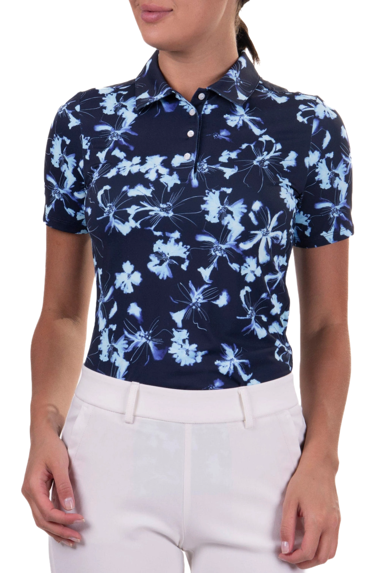 KJUS Women's Enya Printed Polo, women's golf polo, golf apparel, stylish golf shirt, printed polo, women's sportswear, moisture-wicking golf shirt, comfortable golf clothing, performance golf wear, KJUS golf shirt, Swiss Sports Haus, West Vancouver golf shop, women's golf clothing, high-quality golf apparel, fashionable golf polo.