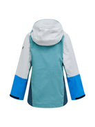 Back view of a blue and gray jacket on a white background