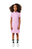 Lacoste Girls Cotton Polo Piqué Dress, girls' polo dress, cotton dress, breathable cotton dress, polo collar dress, button placket dress, Lacoste dress, stylish girls' dress, golf dress, casual wear dress, golf clothing, Swiss Sports Haus, West Vancouver golf shop.