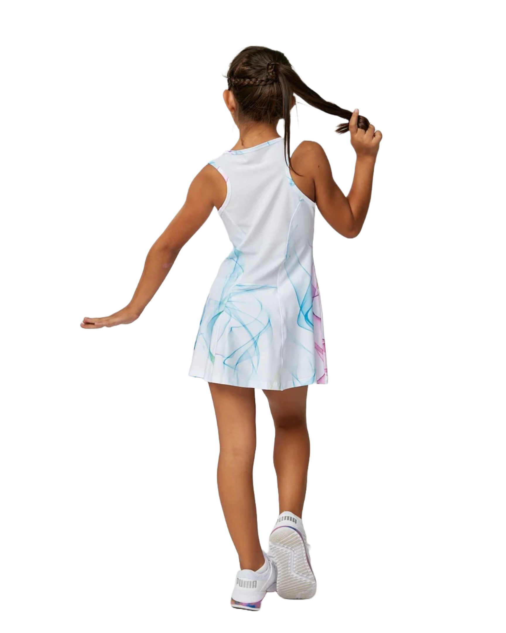 Sofibella Girls Spectrum Dress, tennis dress, girls' tennis apparel, sporty dress, colorful tennis dress, lightweight tennis dress, breathable tennis wear, racerback dress, built-in shorts, moisture-wicking fabric, tennis gear, tennis outfit, Swiss Sports Haus, West Vancouver sports store.