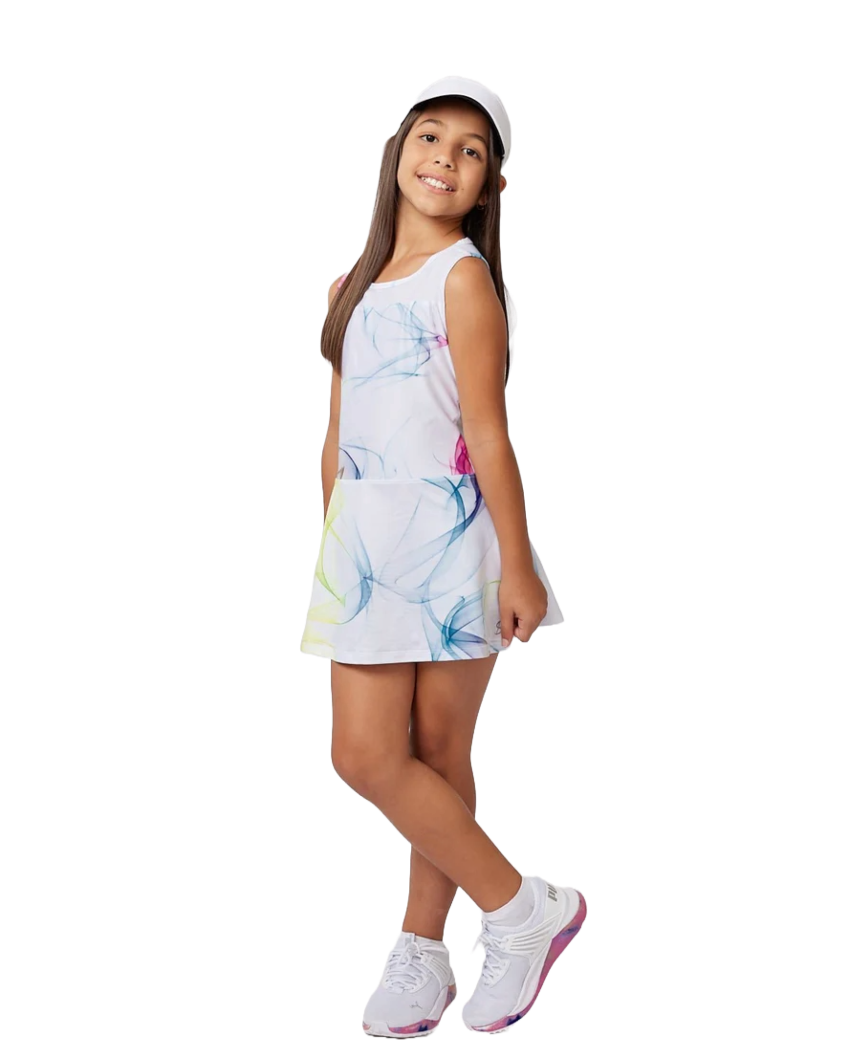 Sofibella Girls Spectrum Dress, tennis dress, girls' tennis apparel, sporty dress, colorful tennis dress, lightweight tennis dress, breathable tennis wear, racerback dress, built-in shorts, moisture-wicking fabric, tennis gear, tennis outfit, Swiss Sports Haus, West Vancouver sports store.