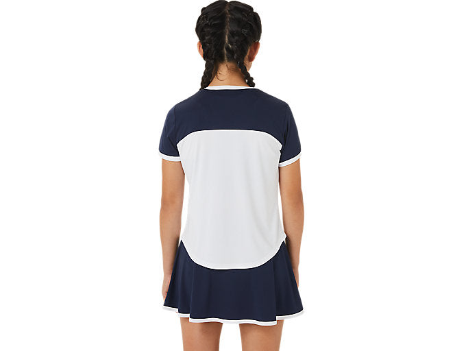 ASICS Girls' Short-Sleeved Tennis Top, tennis clothing, girls' tennis apparel, short-sleeved tennis top, lightweight tennis shirt, breathable tennis top, sporty fit, athletic cut, tennis gear, youth tennis wear, Swiss Sports Haus, West Vancouver tennis shop.