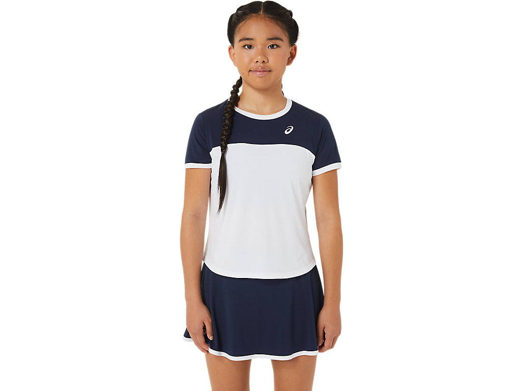 ASICS Girls' Short-Sleeved Tennis Top, tennis clothing, girls' tennis apparel, short-sleeved tennis top, lightweight tennis shirt, breathable tennis top, sporty fit, athletic cut, tennis gear, youth tennis wear, Swiss Sports Haus, West Vancouver tennis shop.