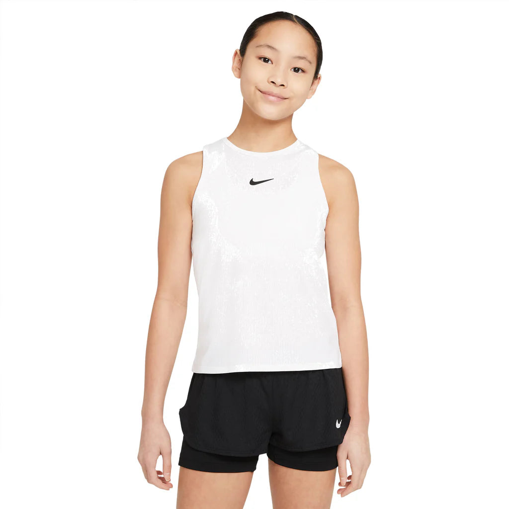 Nike Girls Dri-FIT Victory Tank, tennis apparel, athletic tank top, Dri-FIT technology, moisture-wicking tank, breathable fabric, racerback design, tennis gear, sportswear, tennis clothing, Swiss Sports Haus, West Vancouver sports store, girls tennis top, Nike tennis wear.