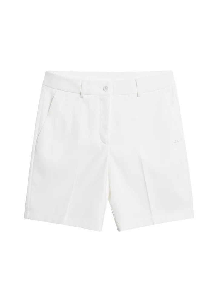 J.Lindeberg Women's Gwen Long Shorts, golf shorts, women's golf apparel, stylish golf shorts, comfortable golf wear, stretchy fabric, mid-rise waistband, golf clothing, golf course attire, Swiss Sports Haus, West Vancouver golf shop.