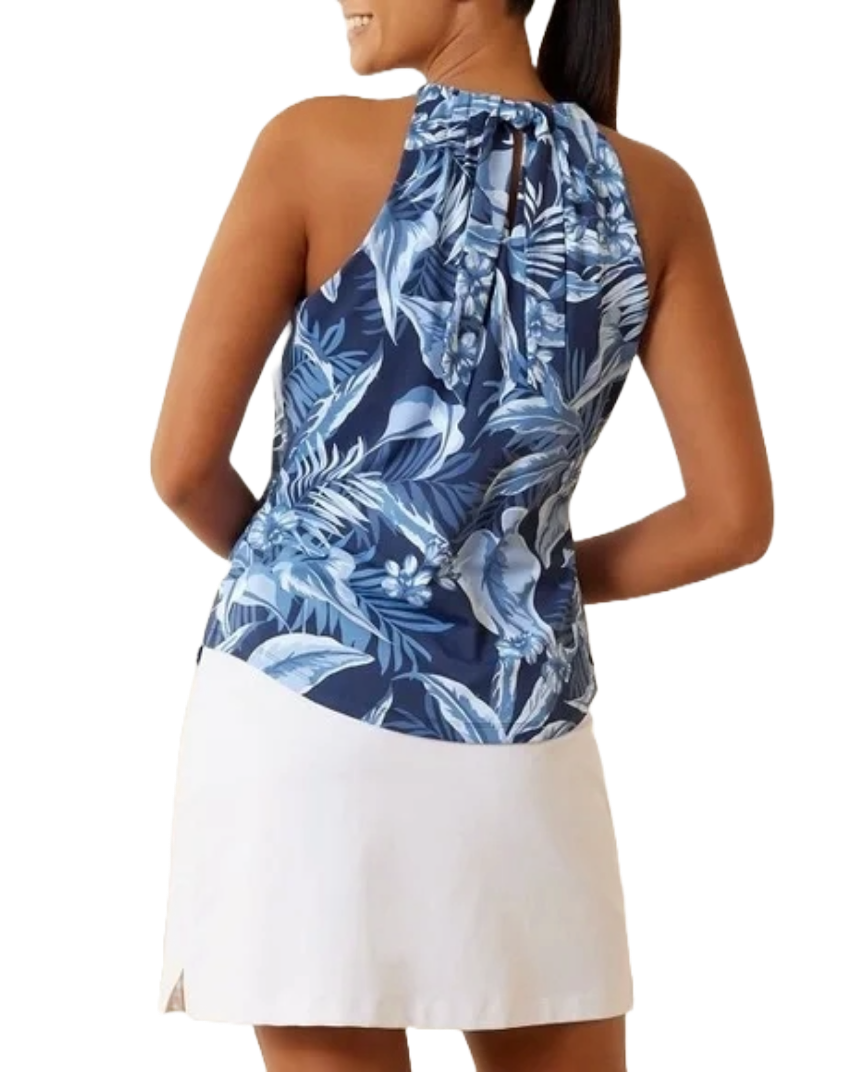 Tommy Bahama Women’s Aubrey Gulf Shore Gardens Halter, women’s golf apparel, halter top, tropical floral print, adjustable halter, stylish golf top, summer fashion, golf wear, Swiss Sports Haus, West Vancouver golf shop, women’s golf fashion, casual golf outfit.