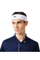 Lacoste Unisex Jersey Tennis Headband, tennis headband, sports headwear, jersey fabric headband, Lacoste logo, comfortable headband, sweat-absorbing headband, unisex tennis accessory, sports gear, tennis equipment, Swiss Sports Haus, West Vancouver sports shop.