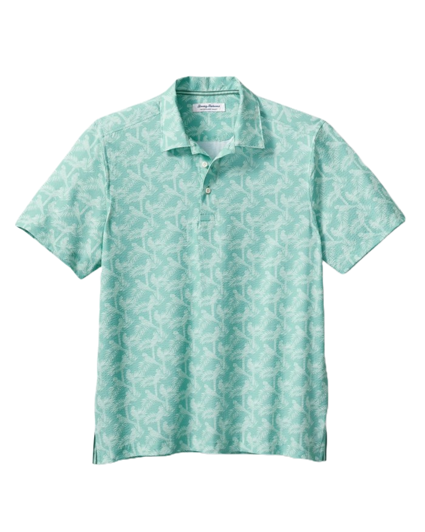 Tommy Bahama Men's Bahama Coast Parrot Paradise Polo, golf polo shirt, colorful parrot print, lightweight polo, breathable fabric, classic polo collar, three-button placket, relaxed fit, golf apparel, casual wear, golf course shirt, Swiss Sports Haus, West Vancouver golf shop.