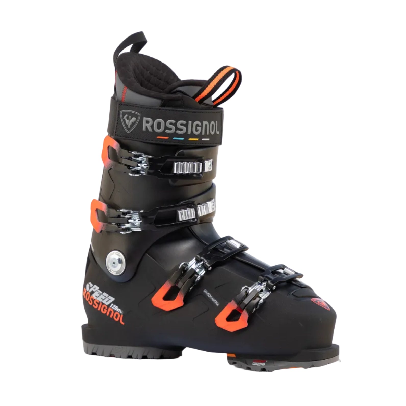 Black Rossignol ski boot with orange accents on a white background