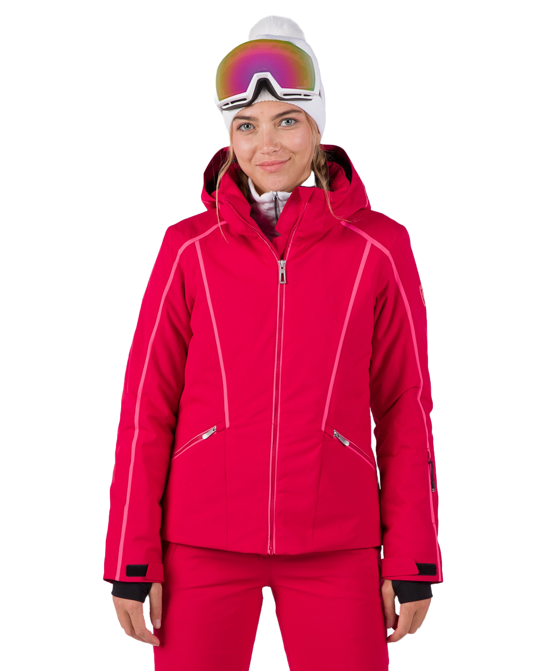 Rossignol Women's Flat Ski Jacket, ski clothing, winter sports apparel, women's ski jacket, water-resistant ski jacket, thermal insulation, fitted ski jacket, zippered pockets, adjustable hood, ventilation zippers, skiing gear, winter sports gear, Swiss Sports Haus, West Vancouver ski shop.