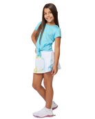 Sofibella Girls Spectrum Skort, tennis skort, girls' sportswear, activewear, tennis clothing, colorful skort, geometric design skort, built-in shorts, moisture-wicking fabric, stretchy skort, sports skort, Swiss Sports Haus, West Vancouver sports store, tennis gear, girls' athletic wear.