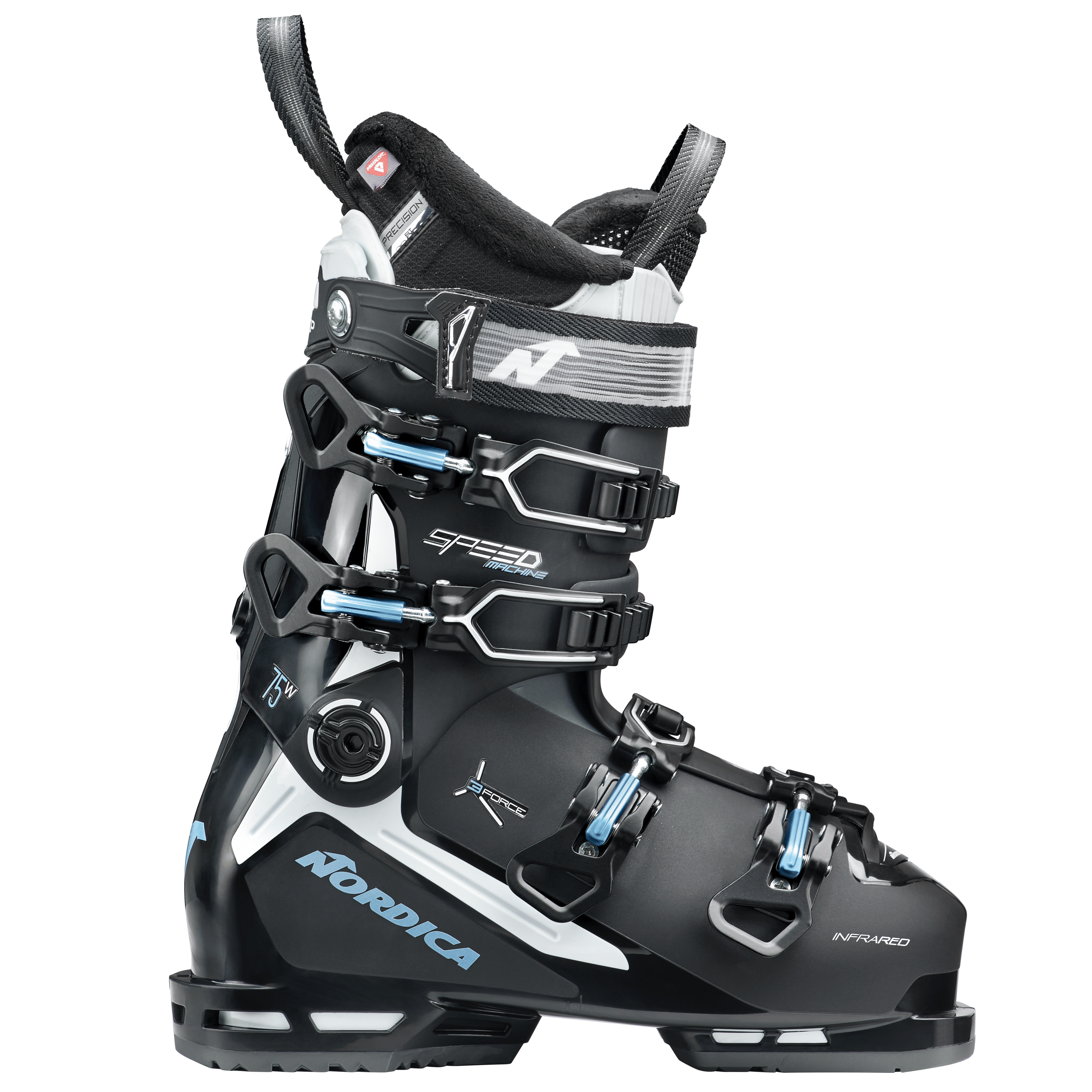 Nordica Speedmachine 3 75W, women's ski boots, ski boots, Nordica ski boots, high-performance ski boots, all-mountain ski boots, comfortable ski boots, adjustable ski boots, ski gear, winter sports gear, ski equipment, Swiss Sports Haus, West Vancouver ski shop, skiing boots, advanced skiers, durable ski boots.