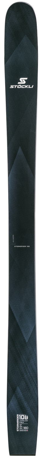 Stöckli Stormrider 108 skis, a wide freeride ski handmade in Switzerland for confident performance in deep snow.