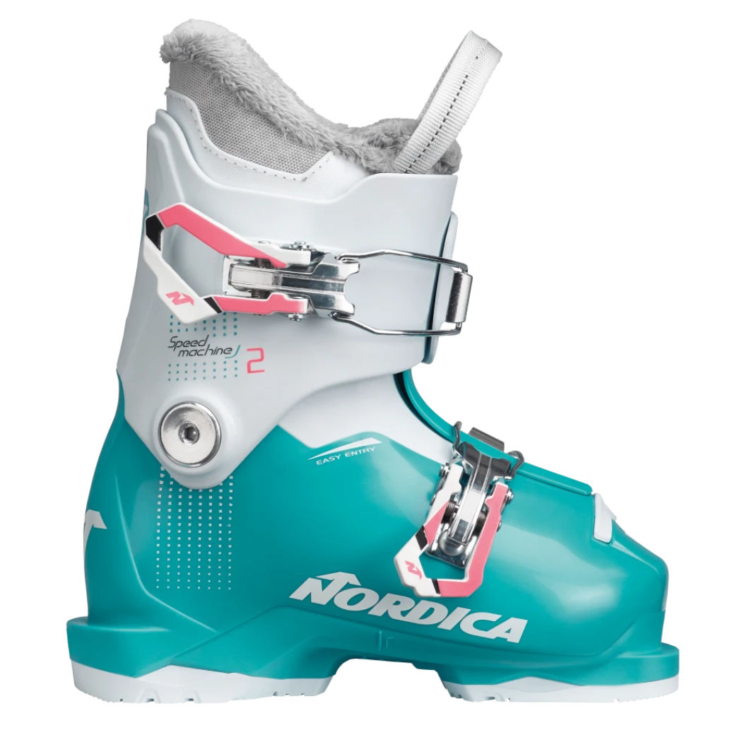 Nordica Speedmachine J2, junior ski boots, youth ski boots, beginner ski boots, comfortable ski boots, ski gear for kids, winter sports gear, ski shop, Nordica ski boots, adjustable ski boots, easy-entry ski boots, Swiss Sports Haus, West Vancouver ski shop.