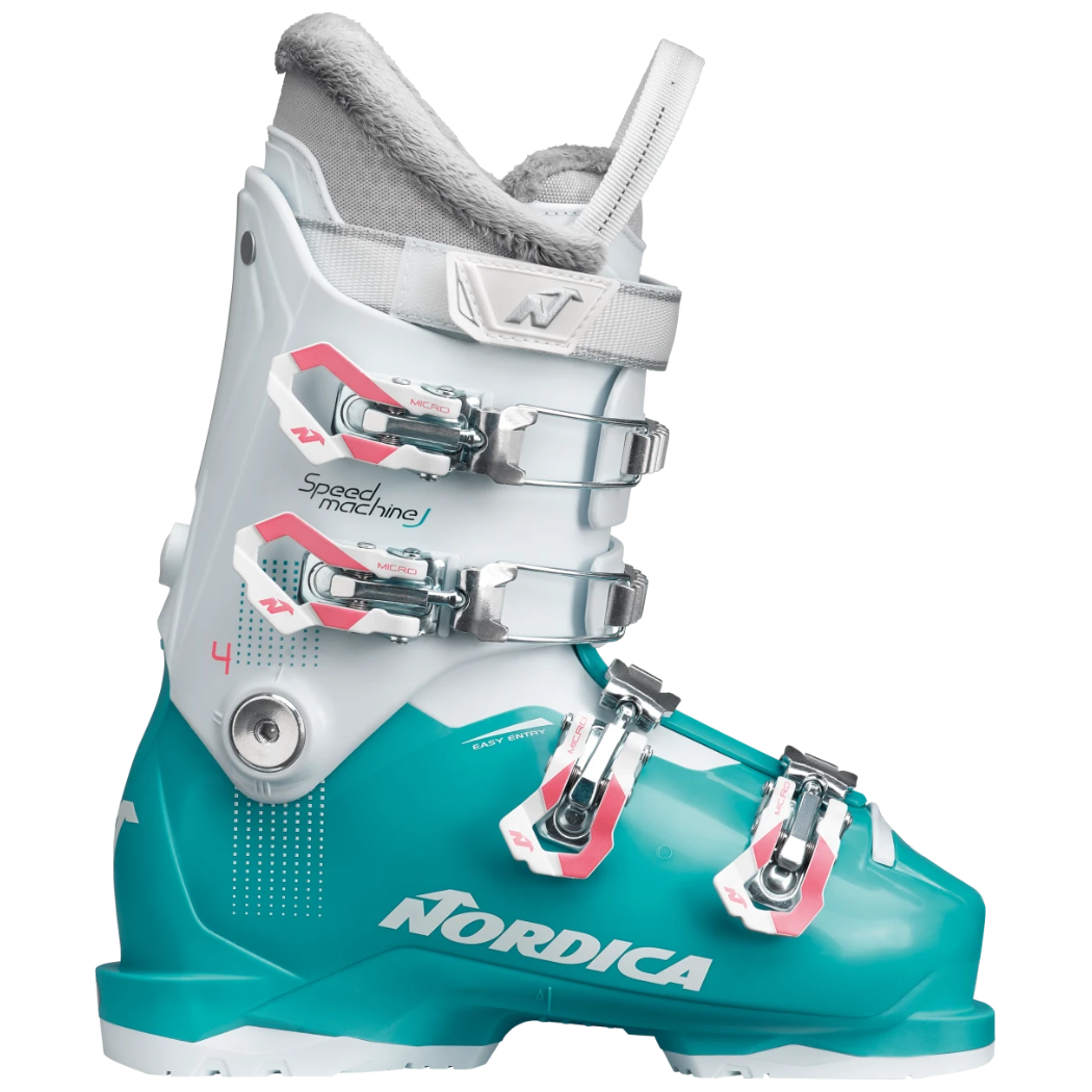 Nordica Speedmachine J4 ski boots, junior ski boots, kids ski boots, youth ski boots, comfortable ski boots, adjustable ski boots, beginner ski boots, skiing gear, winter sports gear, ski shop, Nordica ski boots, Swiss Sports Haus, West Vancouver ski shop.