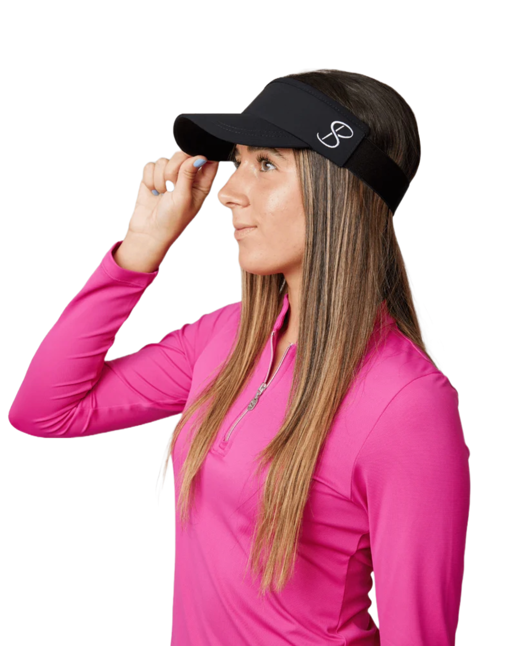 Sofibella Staples Elastic Visor, tennis visor, sports visor, elastic visor, women's tennis accessories, sun protection visor, lightweight visor, comfortable sportswear, tennis gear, Sofibella visor, Swiss Sports Haus, West Vancouver tennis shop, tennis apparel, stylish tennis visor, athletic visor, breathable visor.