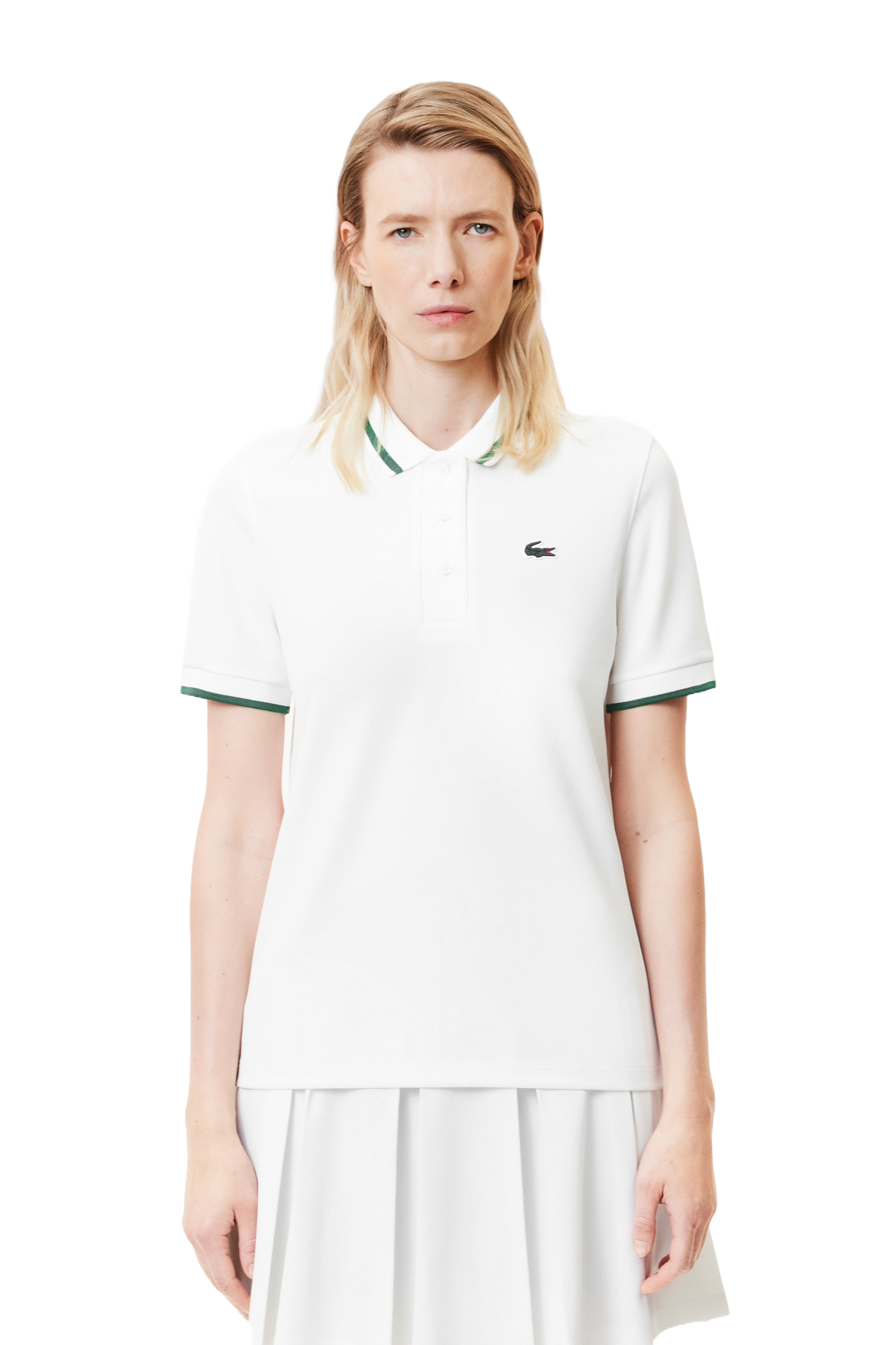 Lacoste Women's Sport Contrast Collar Piqué Polo, women's tennis polo, Lacoste tennis shirt, contrast collar polo, sport polo for women, breathable piqué fabric, stylish tennis apparel, women's sportswear, tennis clothing, Lacoste sport collection, Swiss Sports Haus, West Vancouver tennis apparel, women's tennis gear, comfortable tennis polo, athletic wear for women.