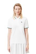 Lacoste Women's Sport Contrast Collar Piqué Polo, women's tennis polo, Lacoste tennis shirt, contrast collar polo, sport polo for women, breathable piqué fabric, stylish tennis apparel, women's sportswear, tennis clothing, Lacoste sport collection, Swiss Sports Haus, West Vancouver tennis apparel, women's tennis gear, comfortable tennis polo, athletic wear for women.