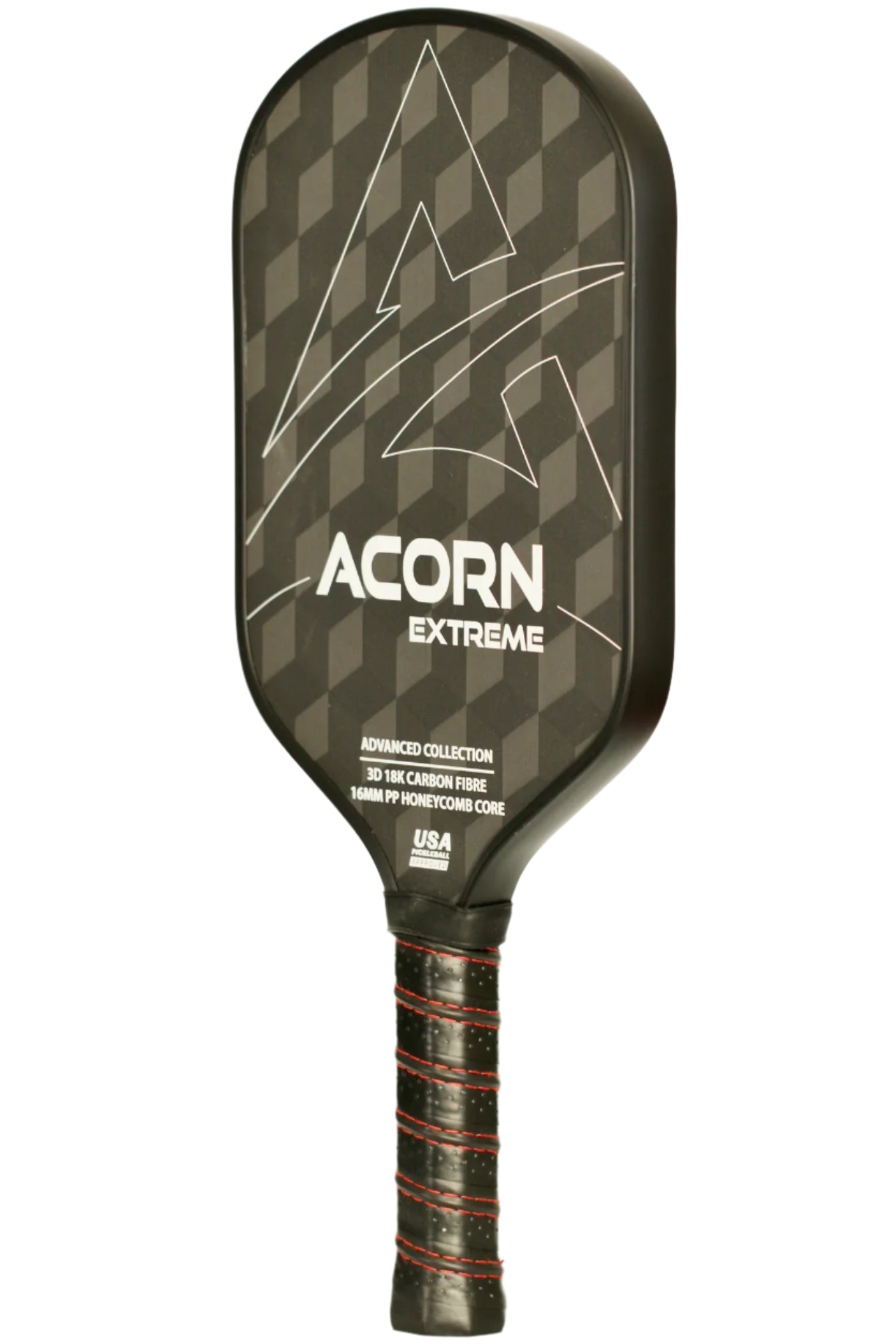 An ACORN EXTREME pickleball paddle with a black and gray geometric pattern on the surface, approved by USA Pickleball, with red and black handle.
