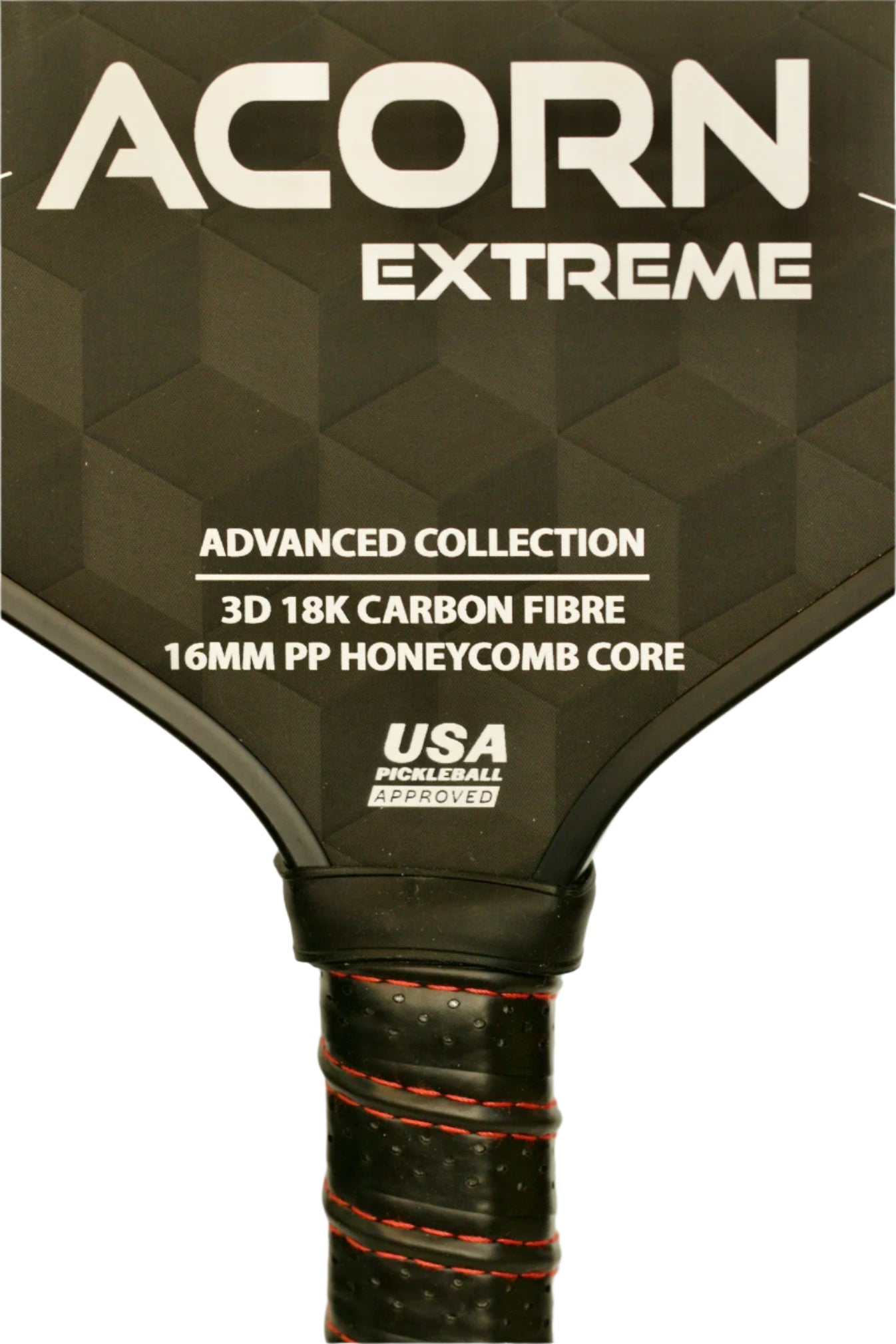 An ACORN EXTREME pickleball paddle with a black and gray geometric pattern on the surface, approved by USA Pickleball, with red and black handle.