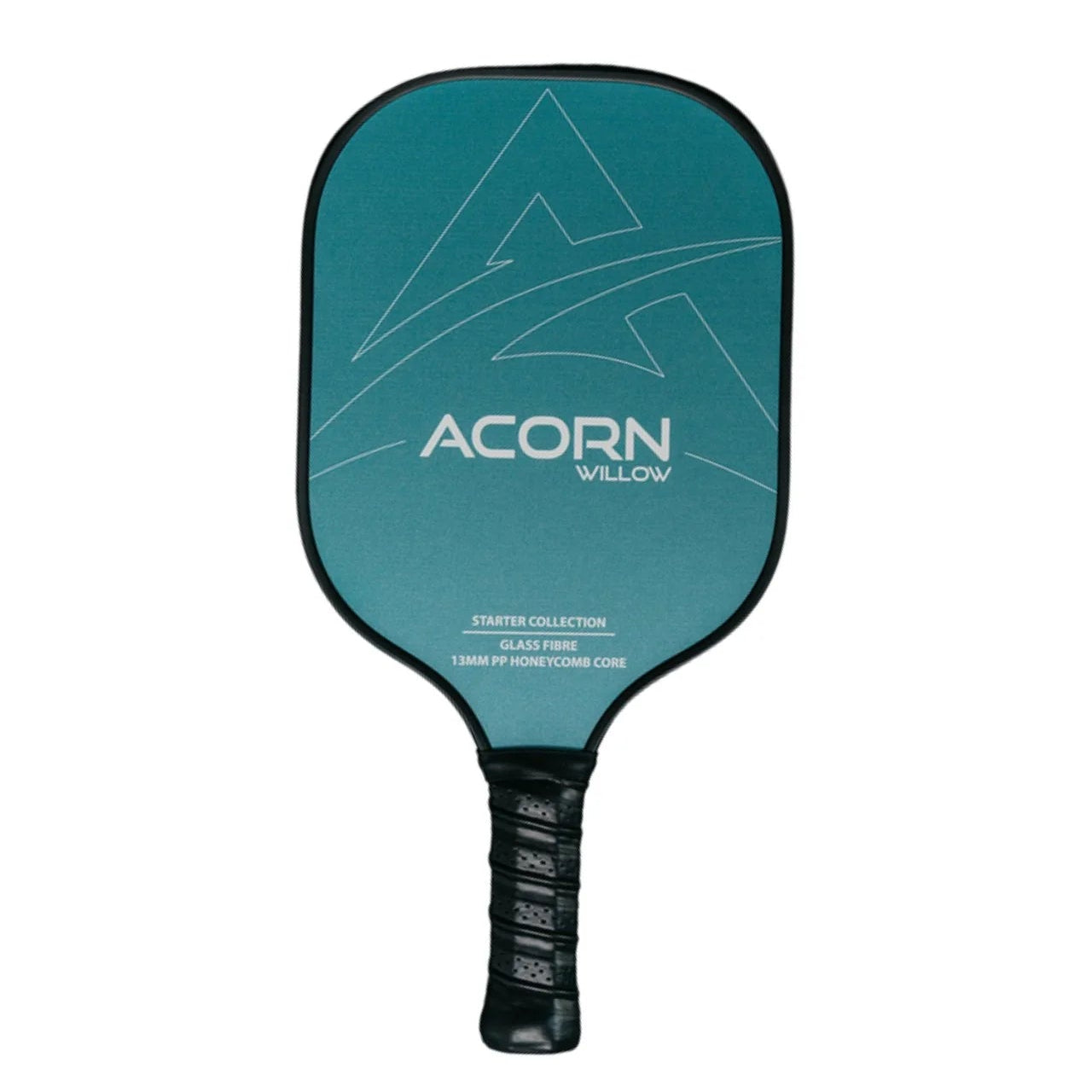 An Acorn Willow pickleball paddle that shows of the teal, black, and white colour scheme