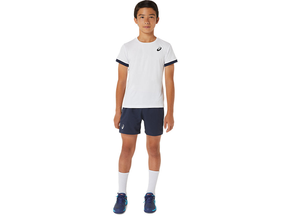 ASICS Boys' Tennis Shorts featuring lightweight performance fabric, side pockets, moisture management, and an athletic fit.