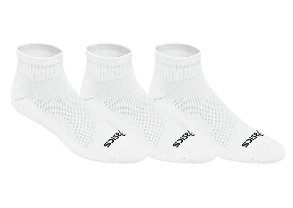 ASICS Cushion Quarter Sock 3 Pack featuring cushioned construction, quarter-height coverage, moisture management, and athletic support.