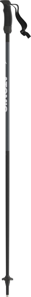 A black Atomic AMT JR ski pole with an adjustable strap, special junior grip, and junior round basket.