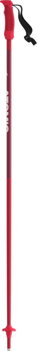 A red Atomic AMT JR ski pole with an adjustable strap, special junior grip, and junior round basket.