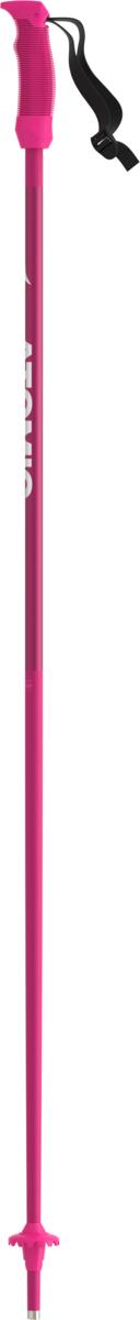 A pink Atomic AMT JR ski pole with an adjustable strap, special junior grip, and junior round basket.