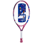 A strung Babolat B'Fly 19 inch junior tennis racket with a colorful design featuring characters and a pink grip.