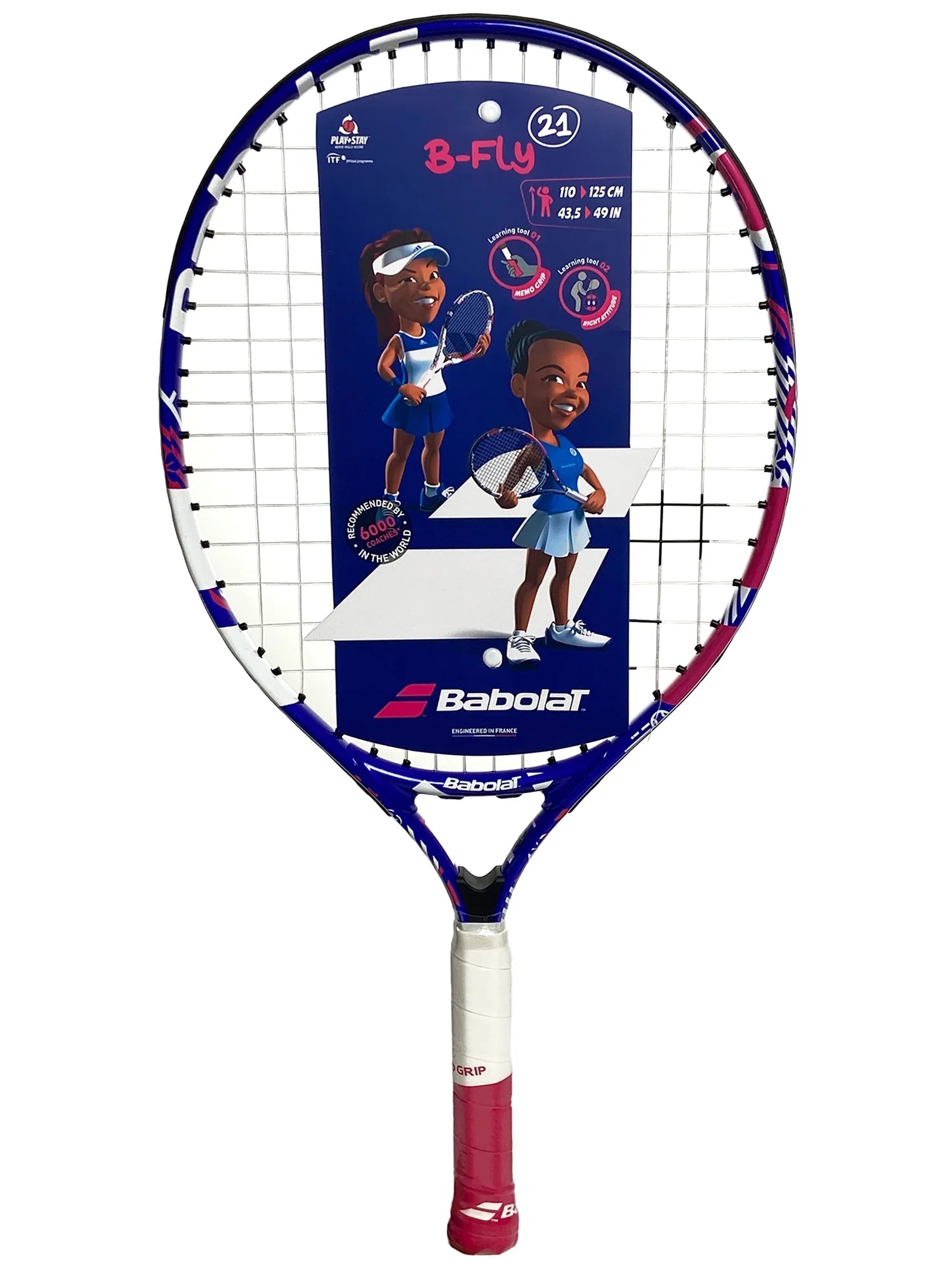 A Babolat B'Fly 21" Junior tennis racket that shows the purple, pink, and white colours on the frame.