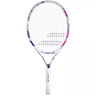 A Babolat B'Fly 23" Junior tennis racket highlighting the white, purple, and pink design on the frame