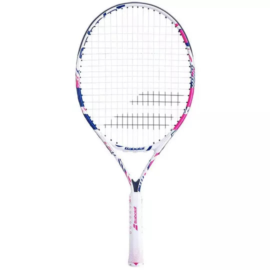 A Babolat B'Fly 23" Junior tennis racket highlighting the white, purple, and pink design on the frame