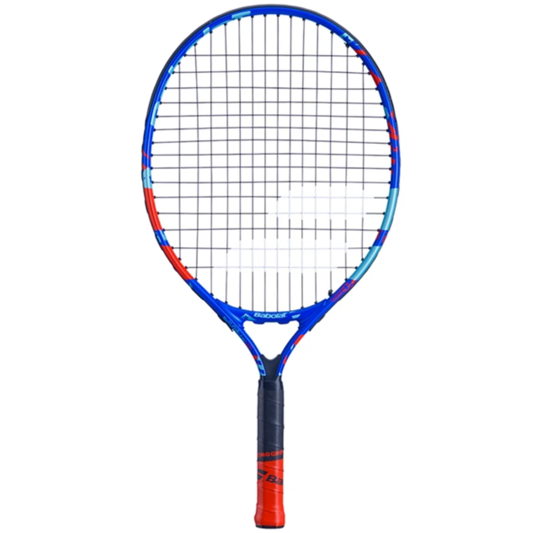A Babolat Ballfighter 21 Junior tennis racket with a blue frame, red handle, and black & white strings, featuring a colorful design.