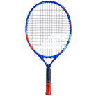 A Babolat Ballfighter 21 Junior tennis racket with a blue frame, red handle, and black & white strings, featuring a colorful design.