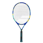A strung Babolat Ballfighter 23 inch junior tennis racket with a blue frame and yellow and blue accents on the frame, designed for children.