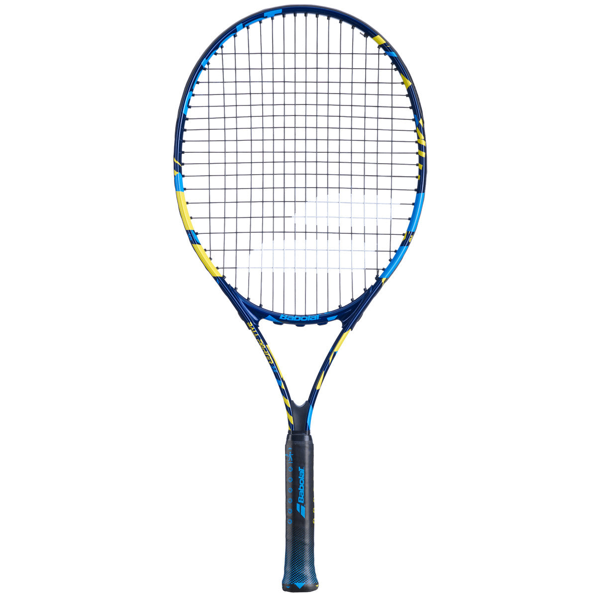 A Babolat Ballfighter 25 junior tennis racket with a blue and yellow design, strung with a yellow string bed and black frame.