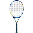 A Babolat Ballfighter 25 junior tennis racket with a blue and yellow design, strung with a yellow string bed and black frame.