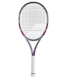 A Babolat Boost Aero Pink tennis racket that features a grey and pink frame with a white grip