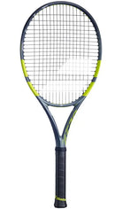 A Babolat Boost Aero 2026 strung tennis racket that has a grey and green frame with a black grip