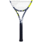 A Babolat Boost Aero 2026 strung tennis racket that has a grey and green frame with a black grip