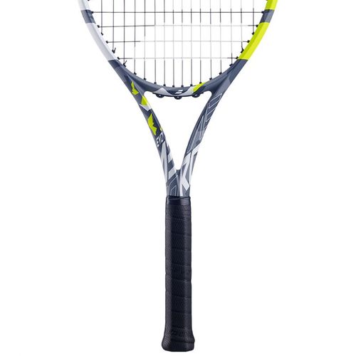 A Babolat Boost Aero 2026 strung tennis racket that has a grey and green frame with a black grip