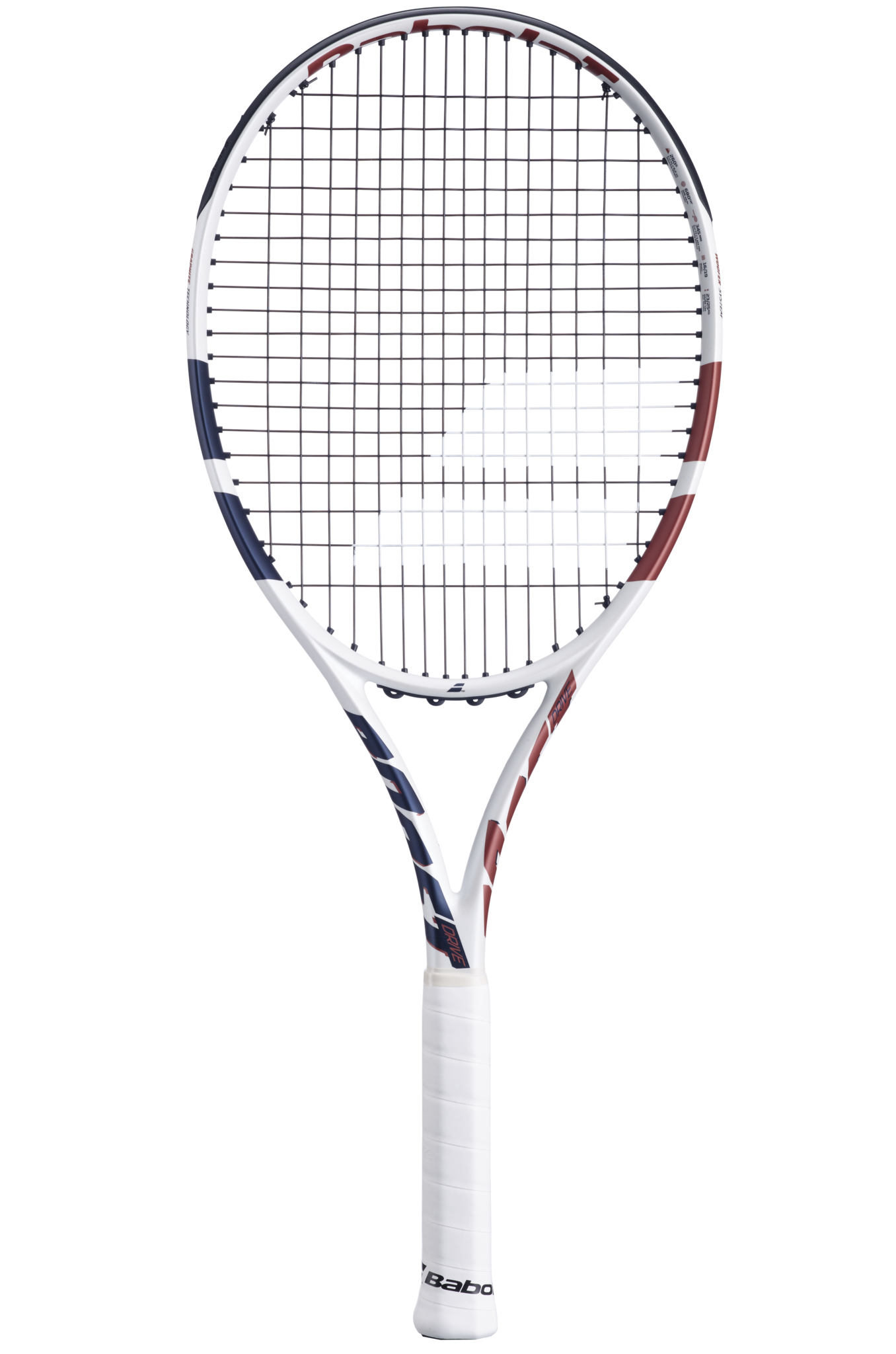 A Babolat Boost Drive strung tennis racket in white designed for beginner and intermediate players