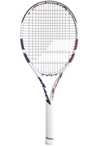 A Babolat Boost Drive strung tennis racket in white designed for beginner and intermediate players