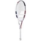 A Babolat Boost Drive strung tennis racket in white designed for beginner and intermediate players