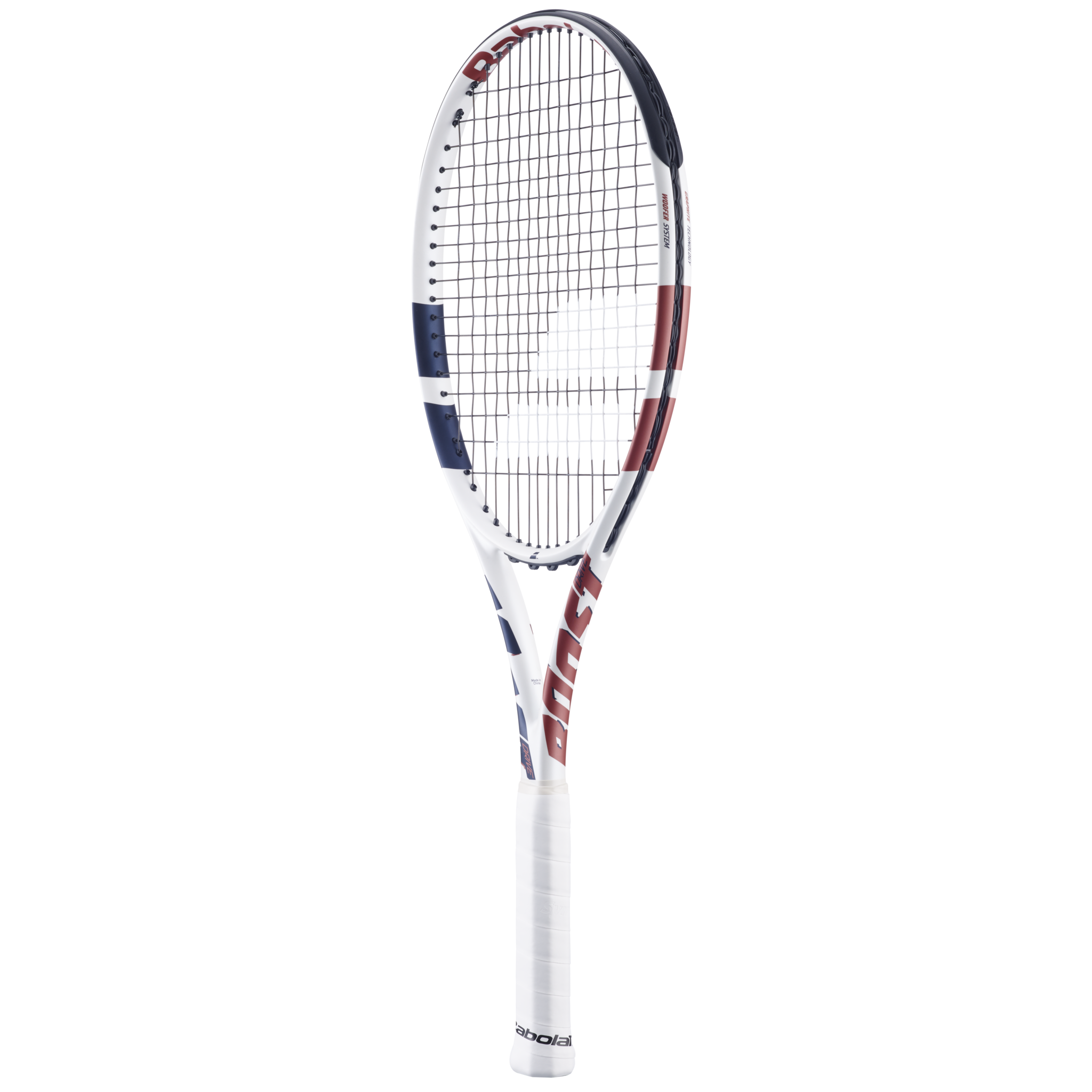A Babolat Boost Drive strung tennis racket in white designed for beginner and intermediate players