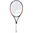 A strung Babolat Boost Strike tennis racket with a black grip, white frame with orange and gray detailing, and a logo on the string bed.