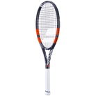 A strung Babolat Boost Strike tennis racket with a black grip, white frame with orange and gray detailing, and a logo on the string bed.